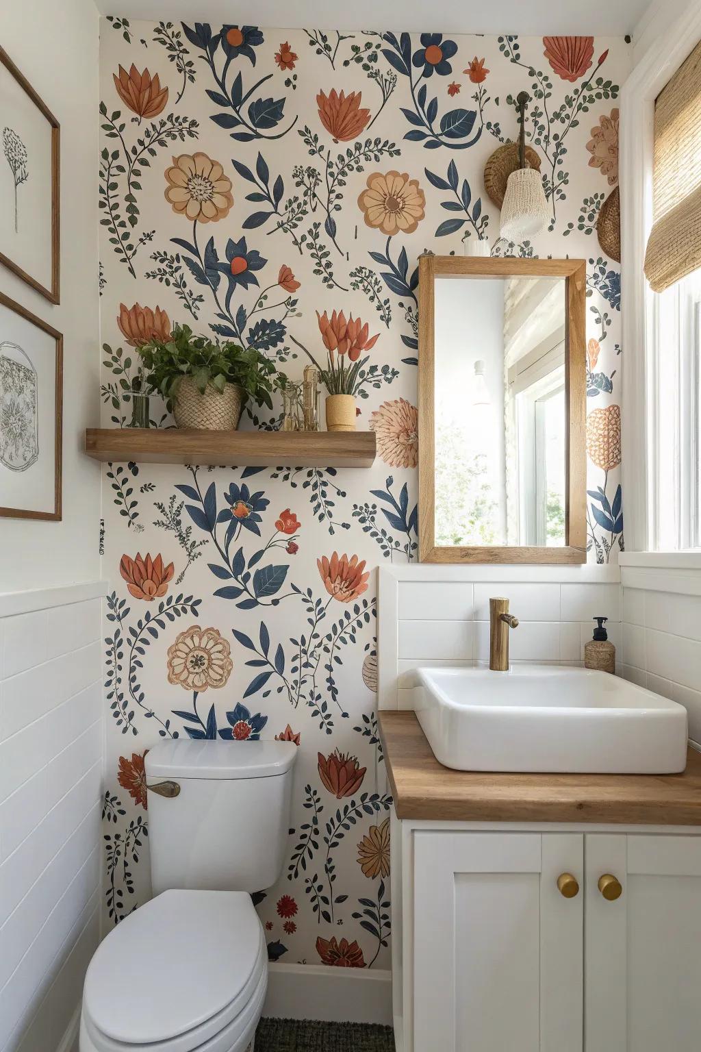 Transform your bathroom with an unexpected pop of floral wallpaper for a touch of Scandinavian-Boho charm.