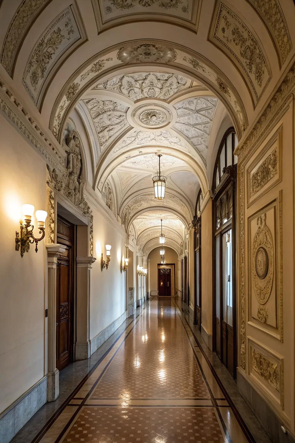 Ceiling moldings add architectural interest to the hallway.