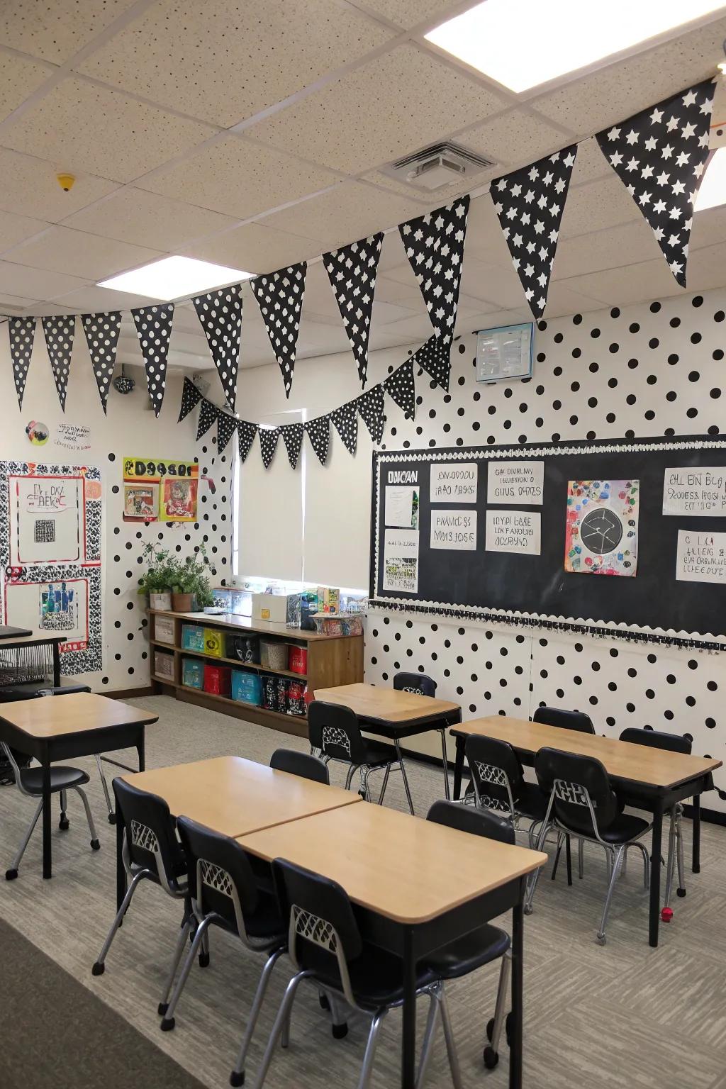 Playful polka dot accents enhancing the classroom's decor.