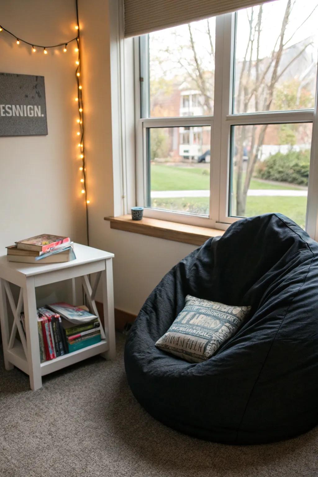 A reading nook offers a perfect relaxation spot.