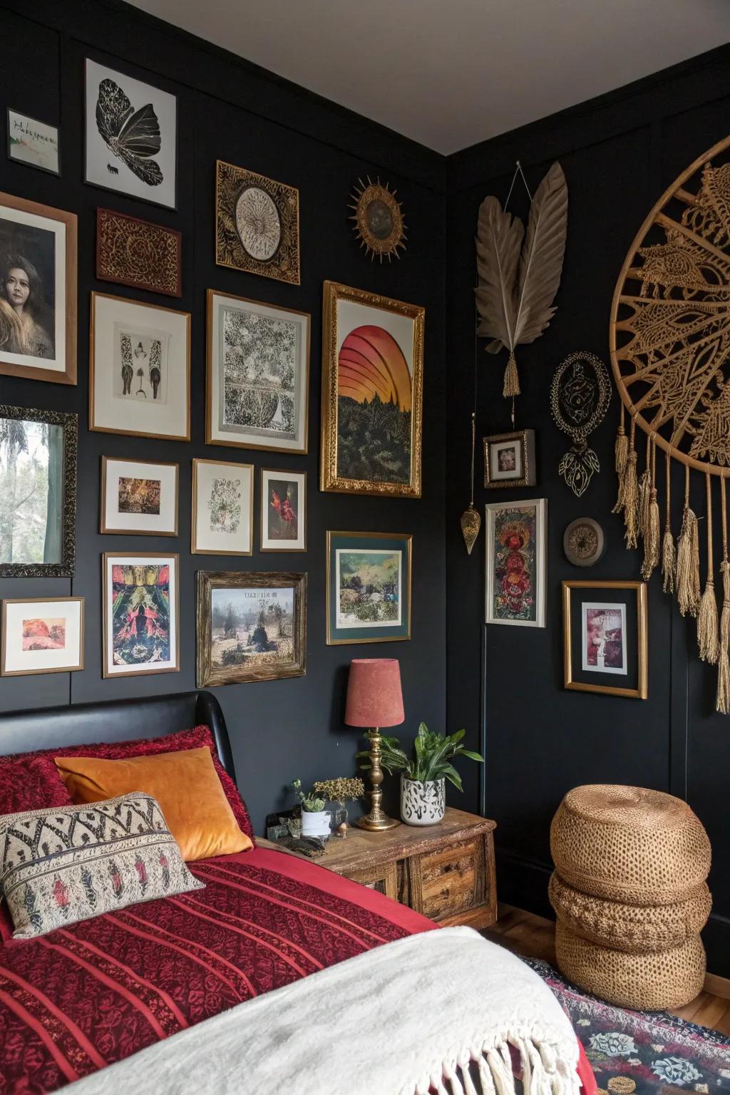 An eclectic gallery wall adds a personalized touch to the bedroom.