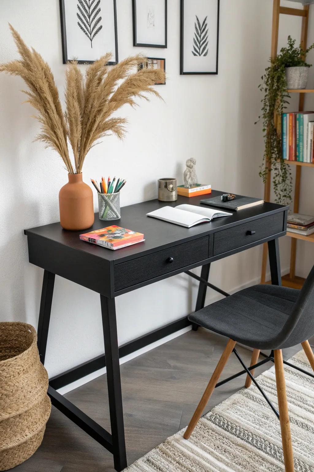 Unleash your creativity with this stunning black desk setup, where minimalist design meets bold accents.
