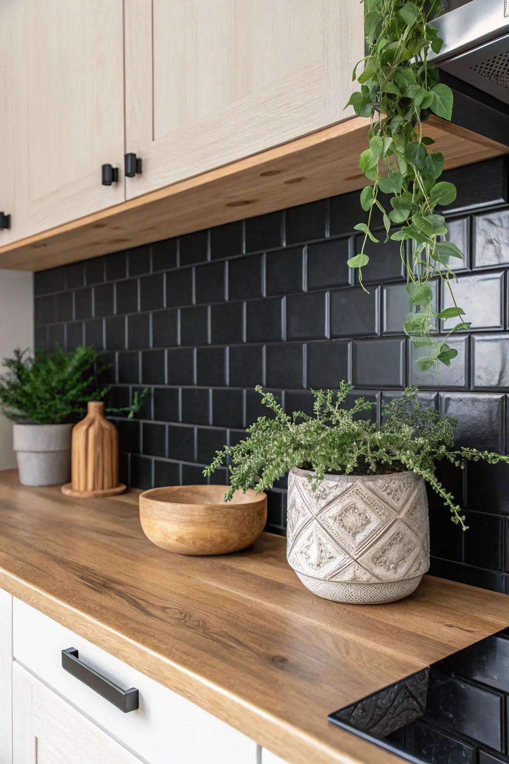 Transform your space with a stunning black backsplash and wooden elements for a perfect blend of modern and rustic charm.