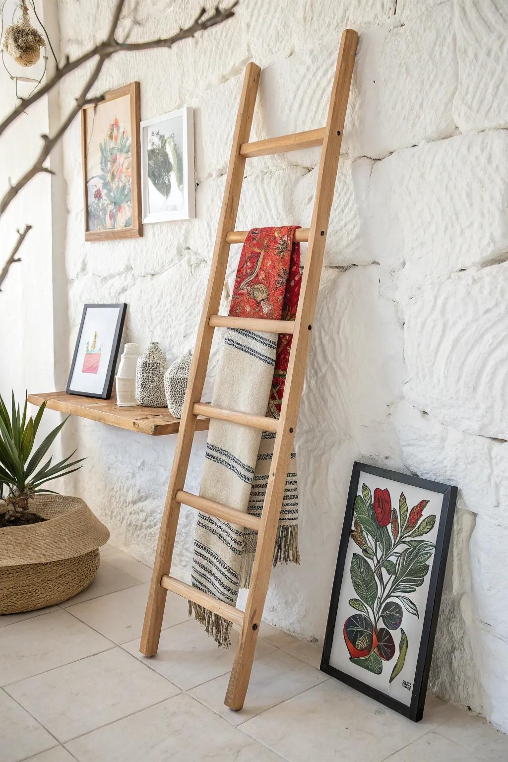 Elevate your art display with a touch of Scandinavian-Boho charm using a chic ladder as your canvas.