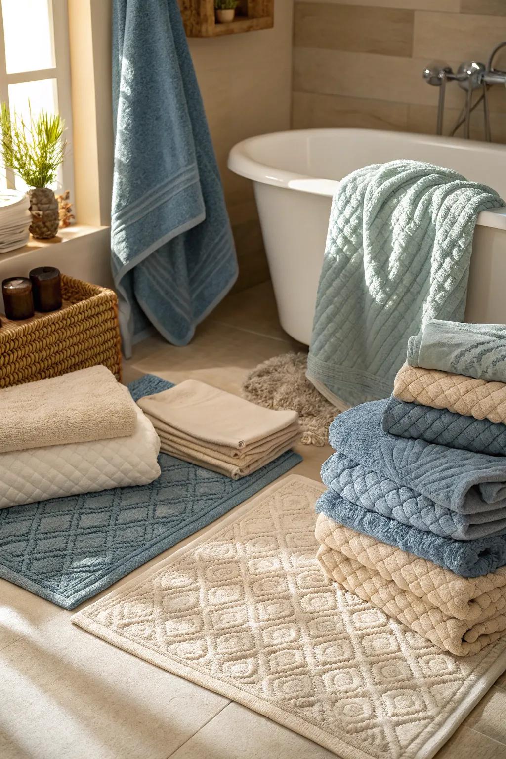 Add comfort with textured textiles in your bathroom.