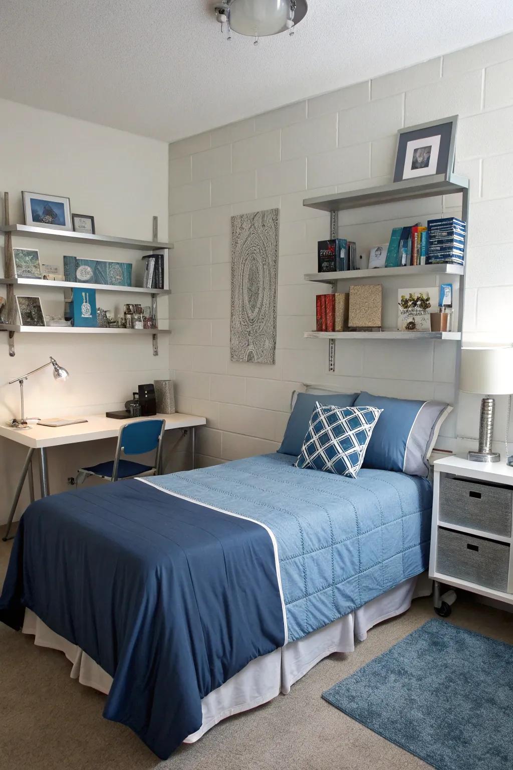 Blue and silver accents offer a touch of luxury.