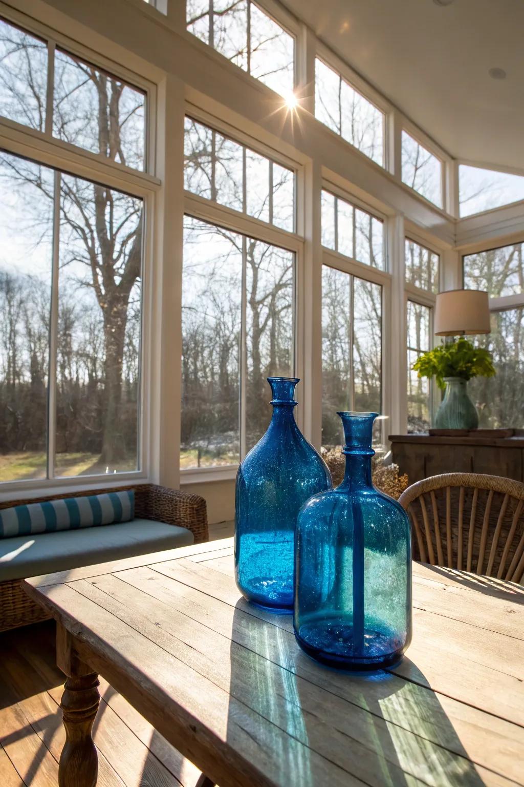Blue glass vases add elegance and light reflection.