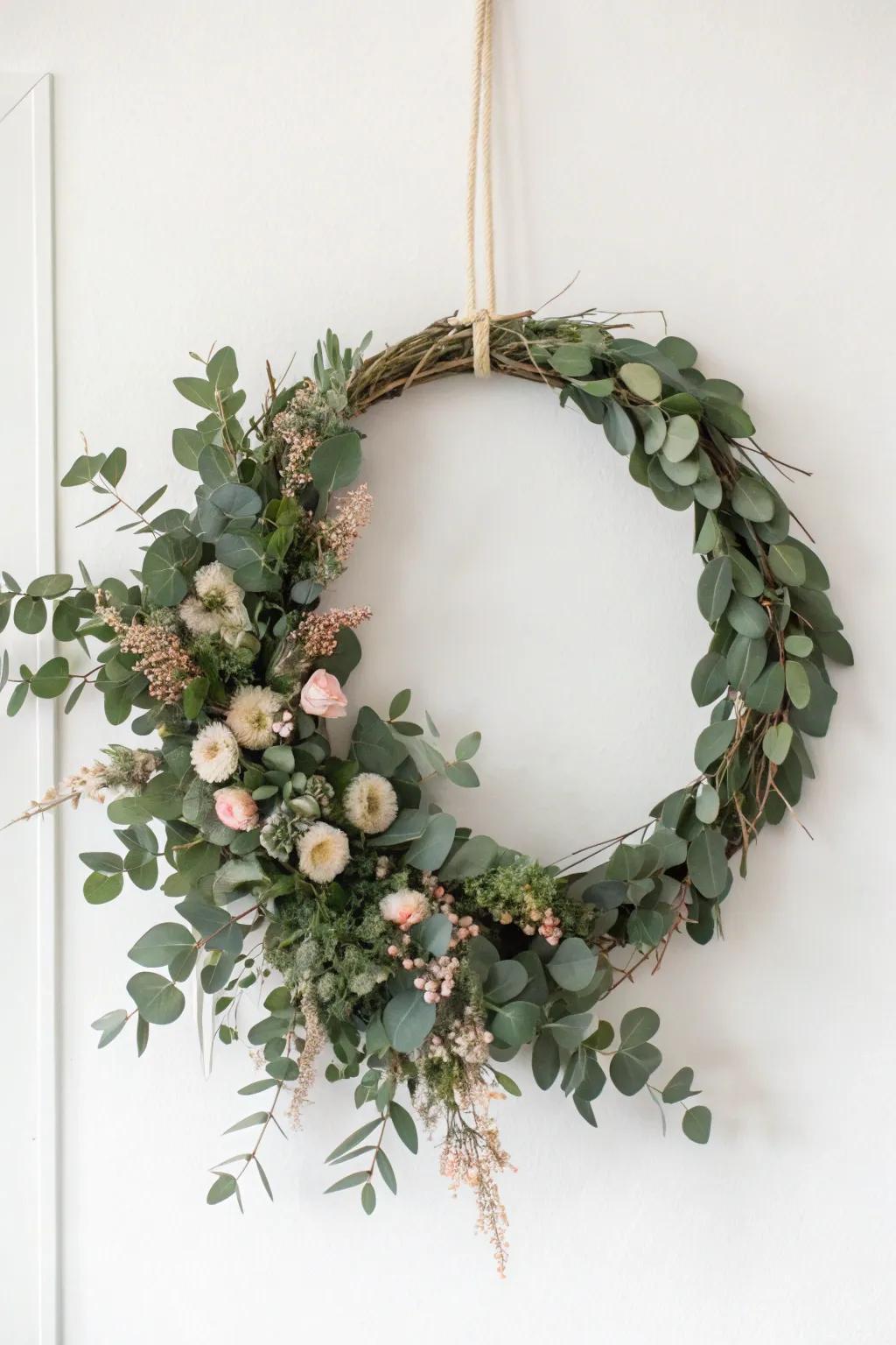 Bring a touch of nature indoors with this beautifully crafted eucalyptus wreath, perfect for adding a fresh and inviting feel to any space.