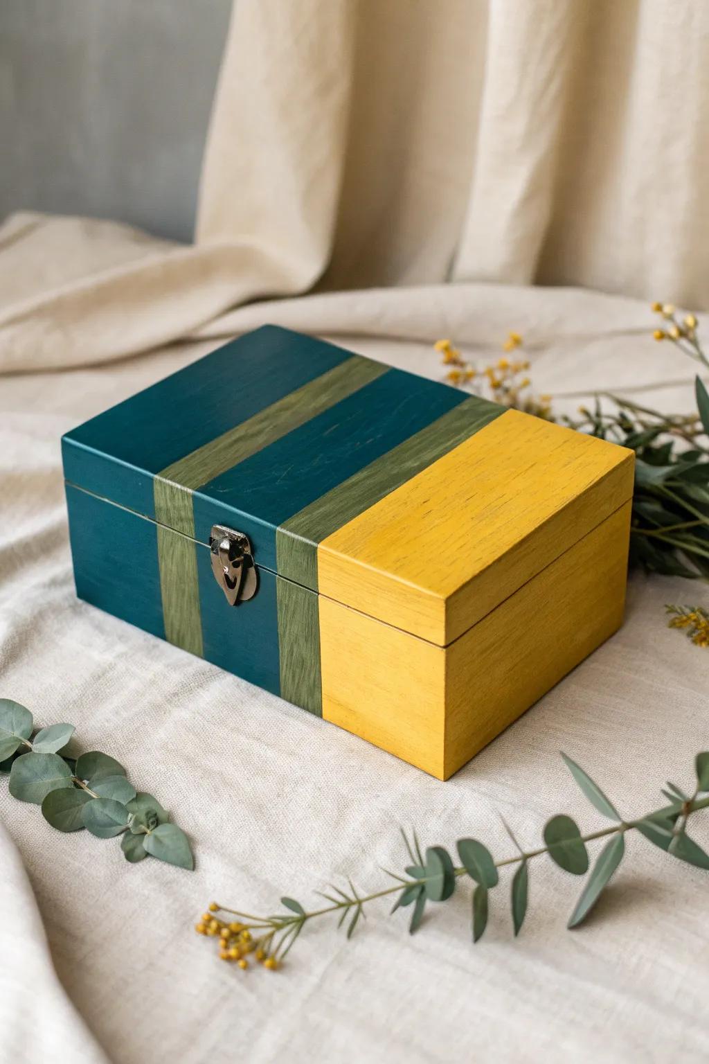 Elevate your space with this vibrant Scandinavian-inspired box: where craftsmanship meets bold color contrasts.