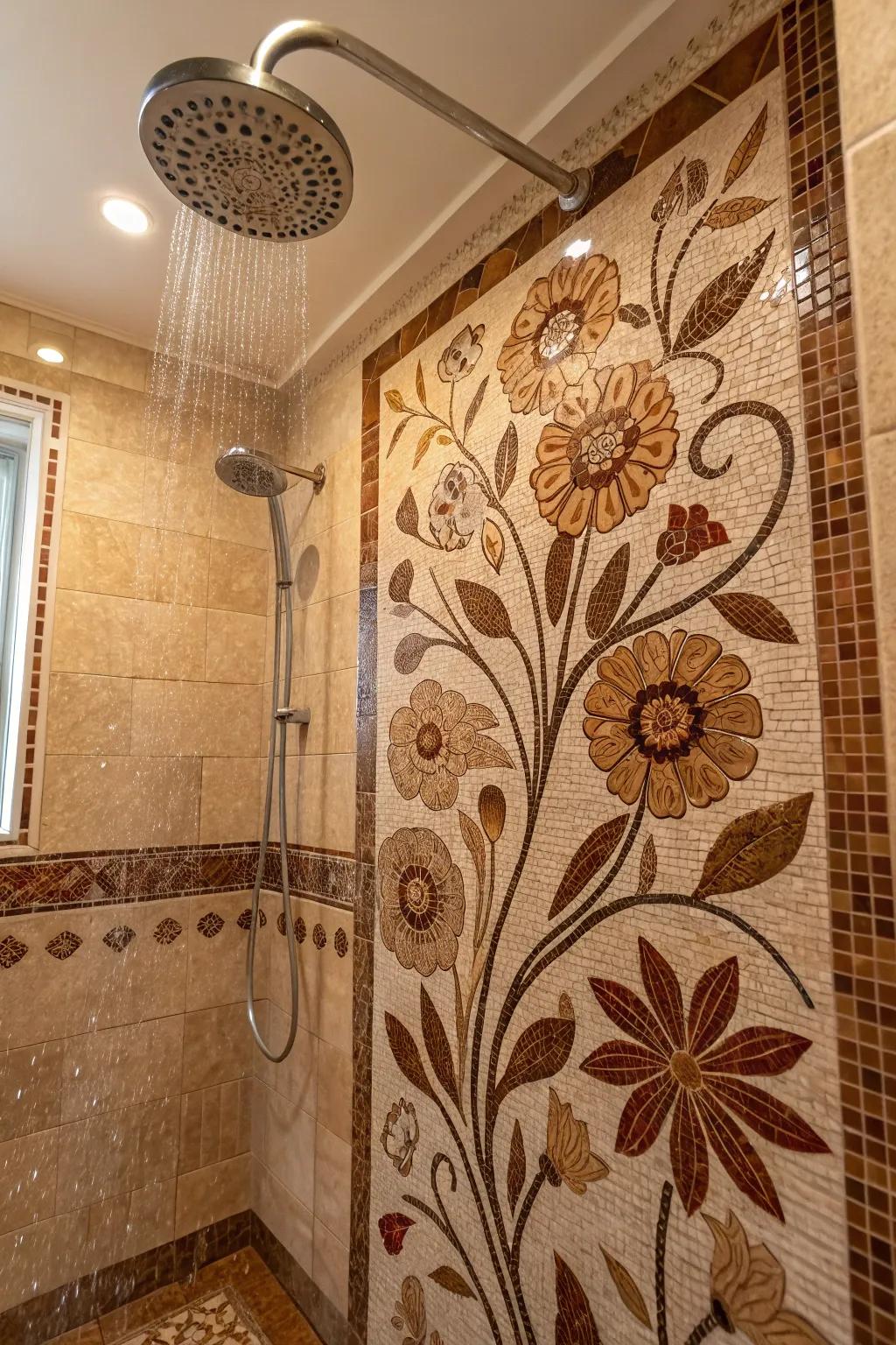 Floral mosaics bring elegance and a feminine touch to brown tile showers.