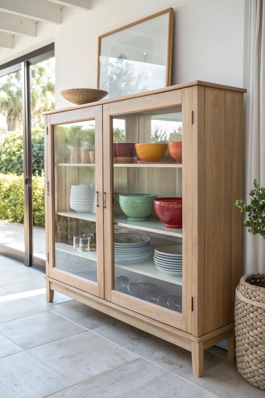 Transform your buffet with frosted glass doors for a chic display of your favorite dishes in Scandinavian elegance.