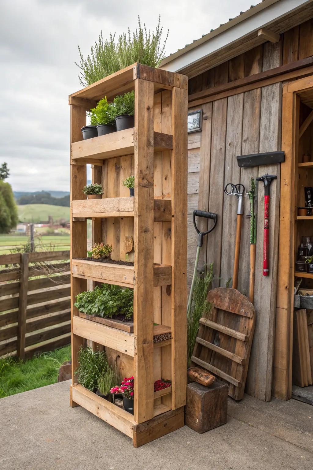 Elevate your shed's functionality with stylish and practical vertical pallet shelves.