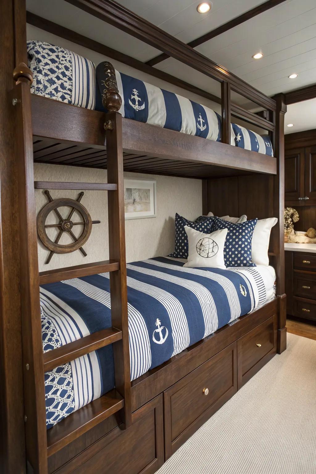 Set sail to dreamland with these stunning nautical-themed bunk beds, where craftsmanship meets the charm of the sea.