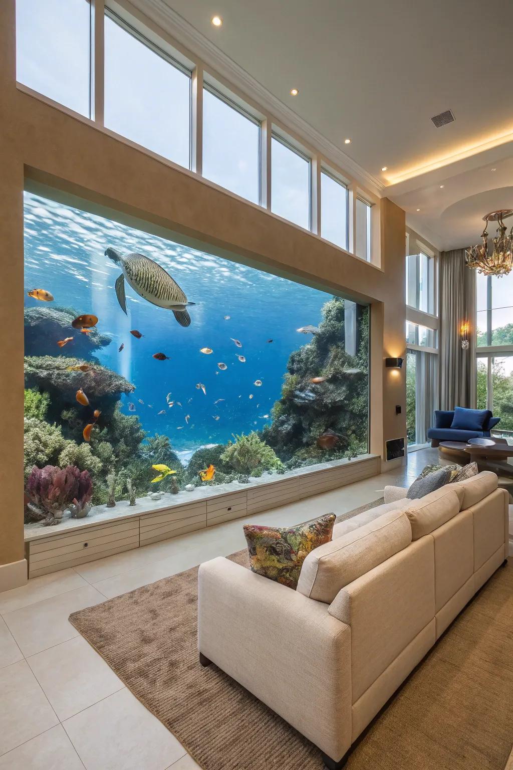 Immerse yourself in oceanic splendor with a panoramic wall aquarium.