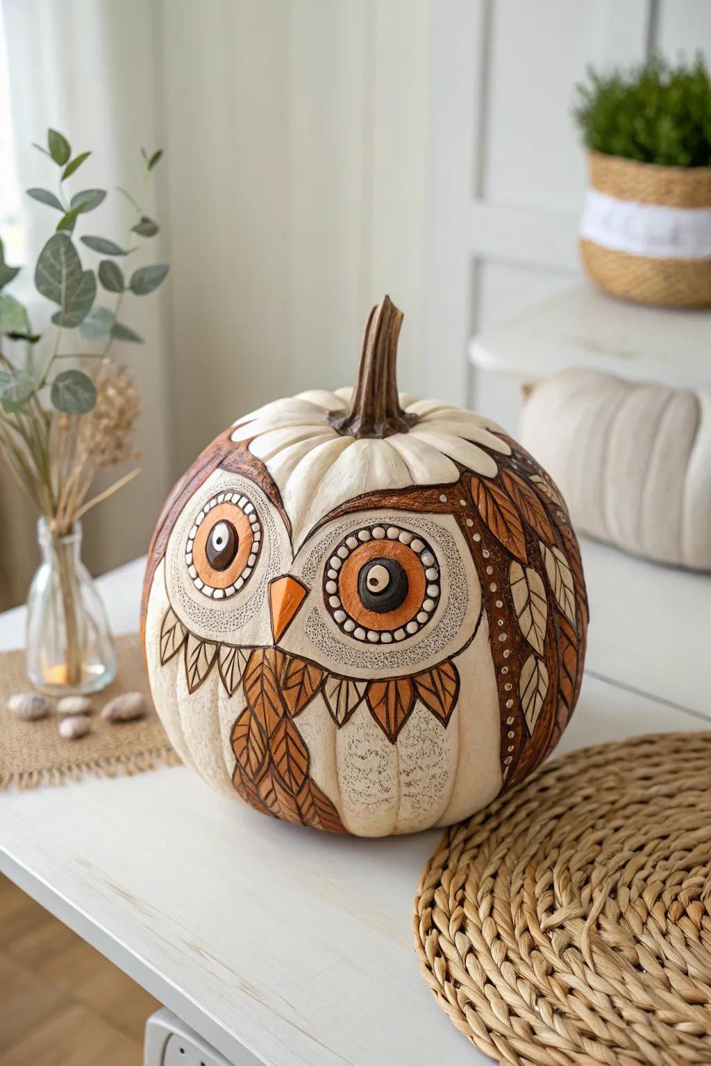Unleash your creativity with this charming owl pumpkin design, blending minimalist elegance with bohemian warmth. Perfect for a cozy autumn touch!