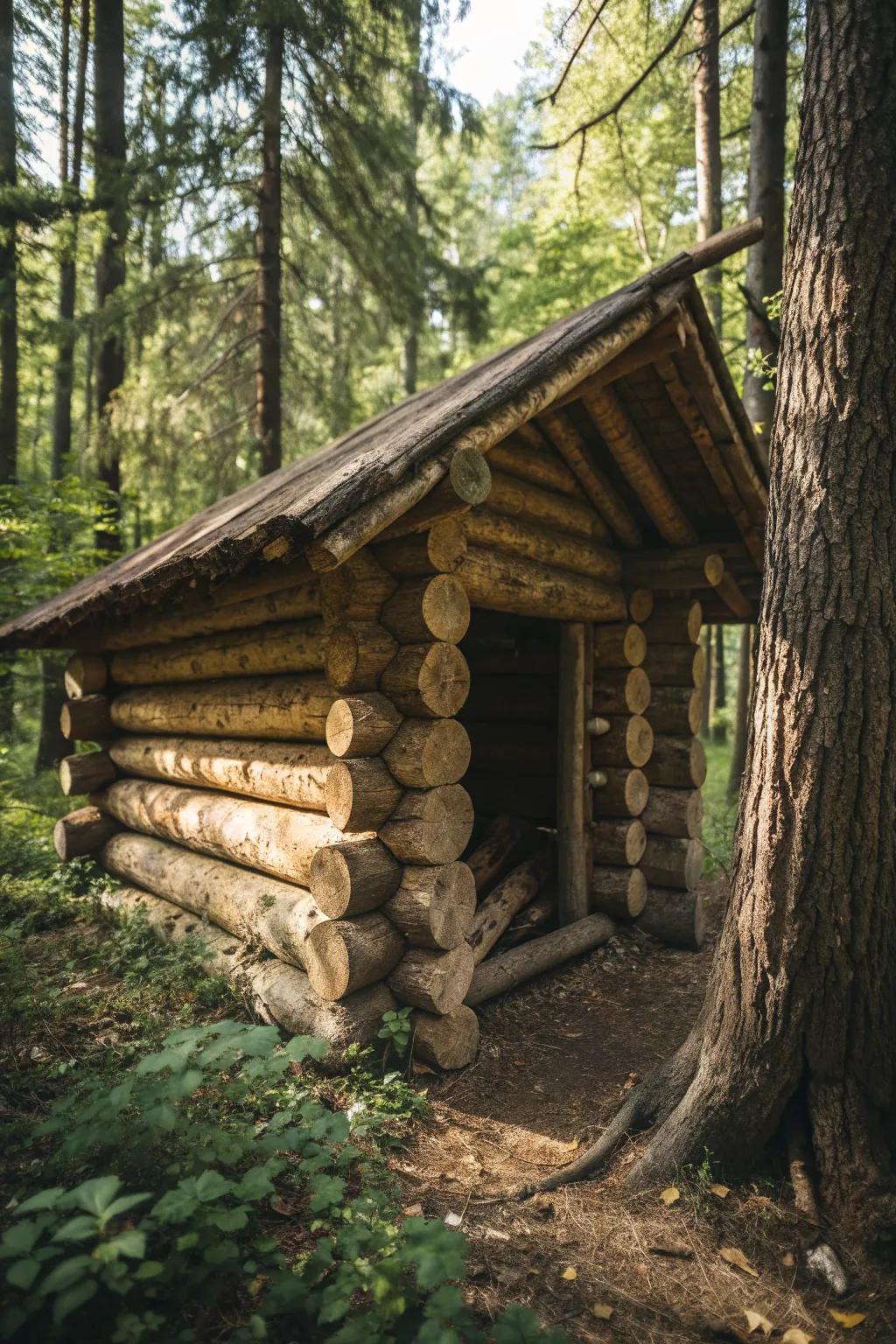 Embrace the art of craftsmanship with a log cabin bushcraft shelter, where rustic charm meets enduring strength.
