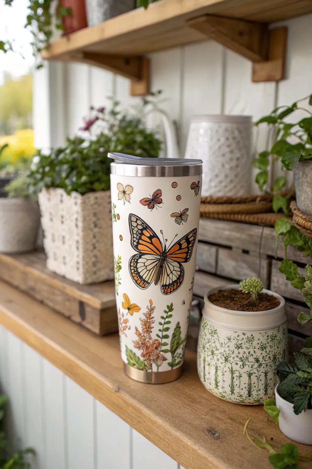 Bring nature indoors with realistic butterfly art on your tumblers.