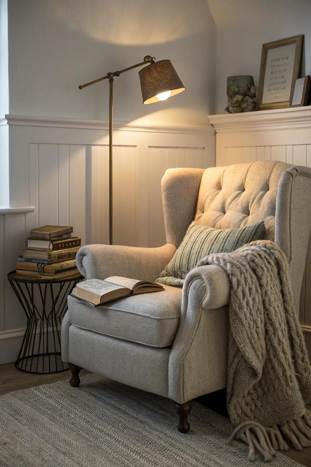 A calming corner offers a dedicated space for peace and quiet.