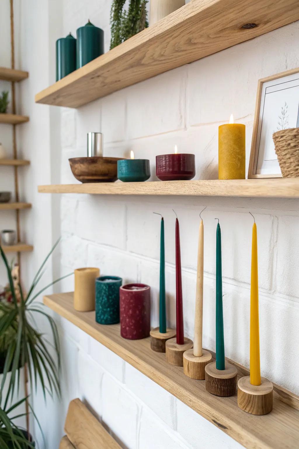 Elevate your candle display with modern floating shelves, where simplicity meets striking elegance.