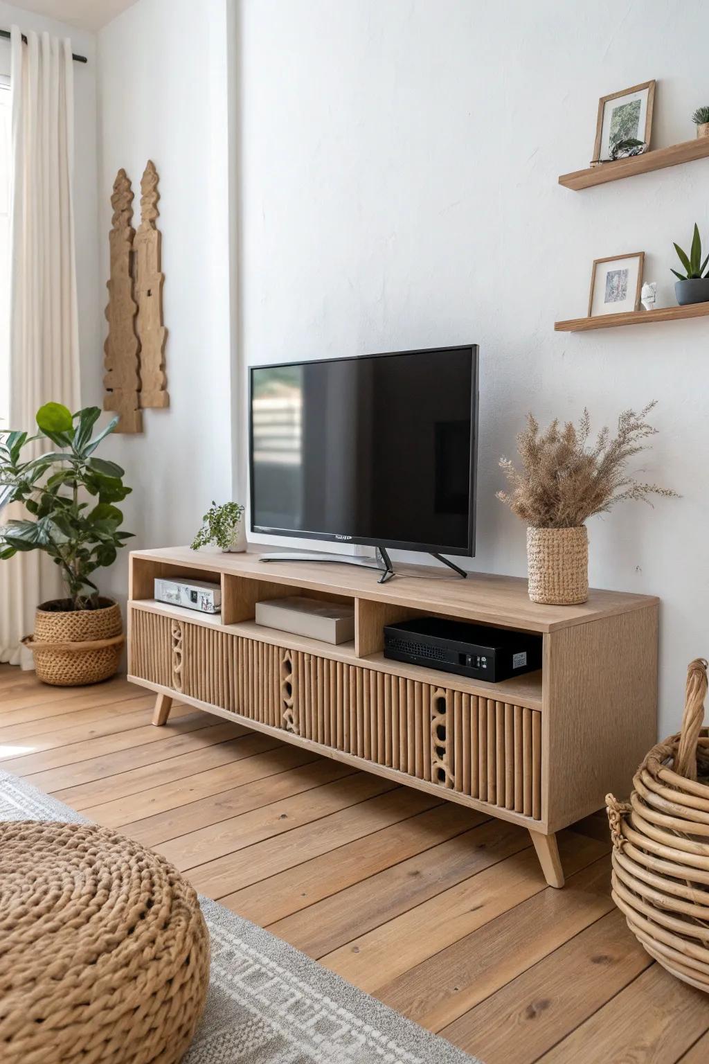 Discover elegance in simplicity with this handcrafted cardboard TV stand, where Scandinavian minimalism meets boho charm.