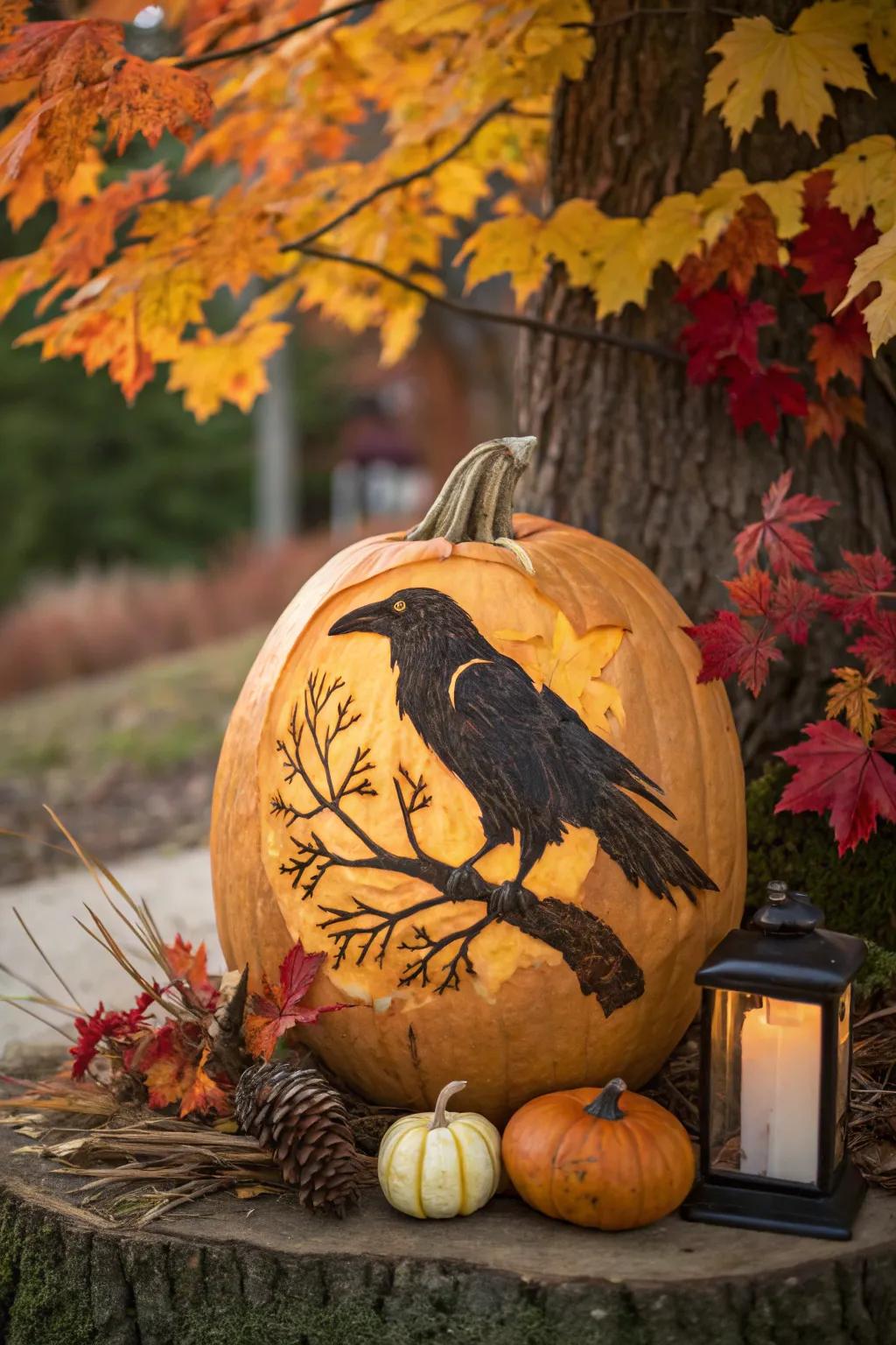 Invoke mystery and elegance with a raven pumpkin.