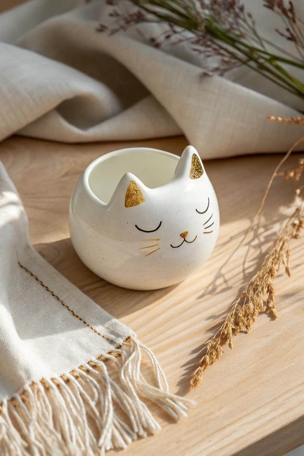 Elevate your decor with a touch of glamour: this cat pinch pot combines minimalist charm with luxurious gold accents.