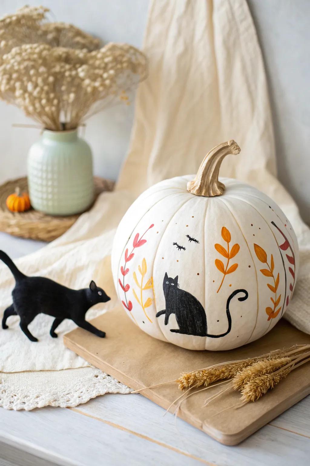 Chase the autumn spirit with this whimsical cat-and-mouse pumpkin design!