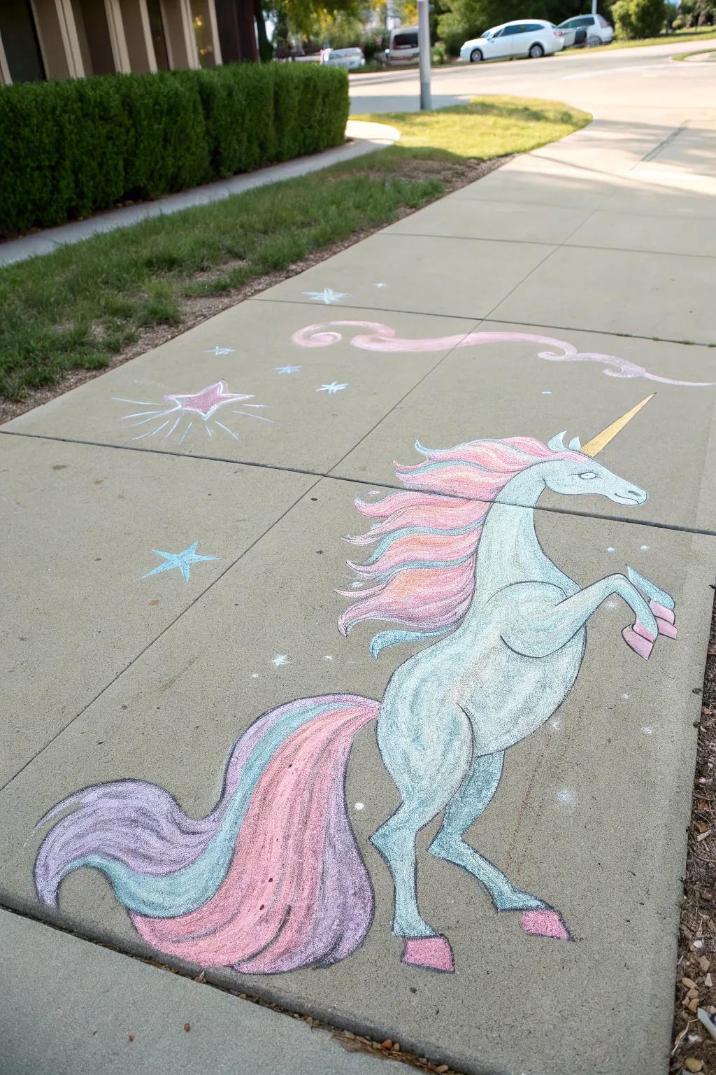 Unleash your imagination with this enchanting unicorn chalk art!