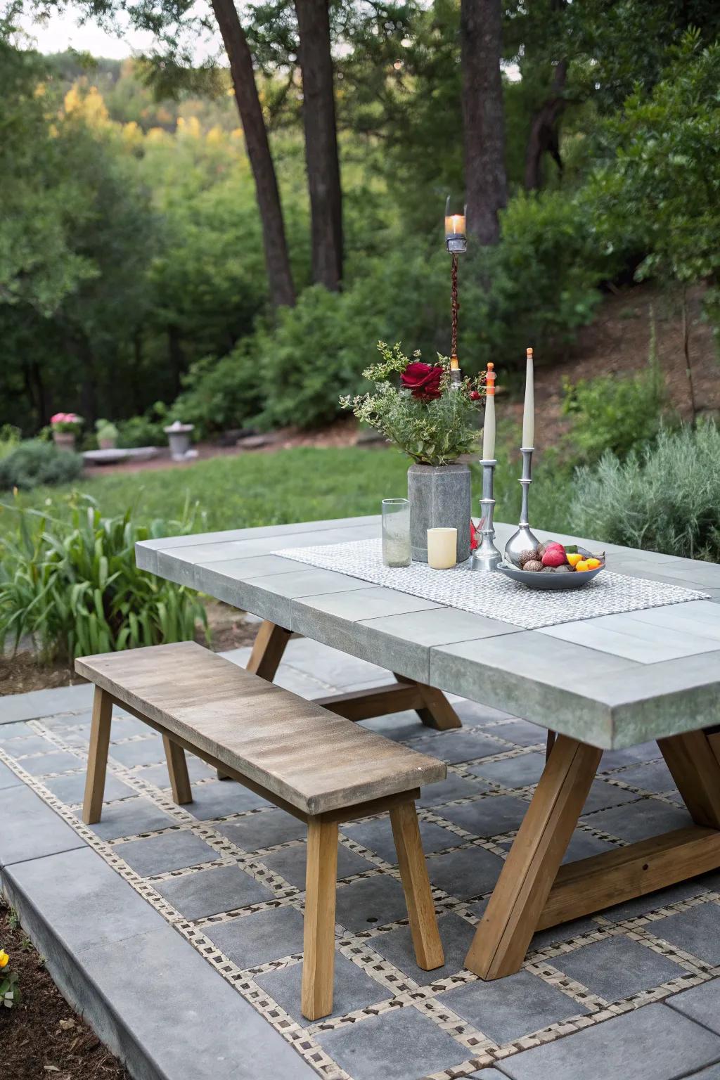 Transform your space with the elegance and durability of a concrete paver tabletop – where minimalist design meets Boho charm.