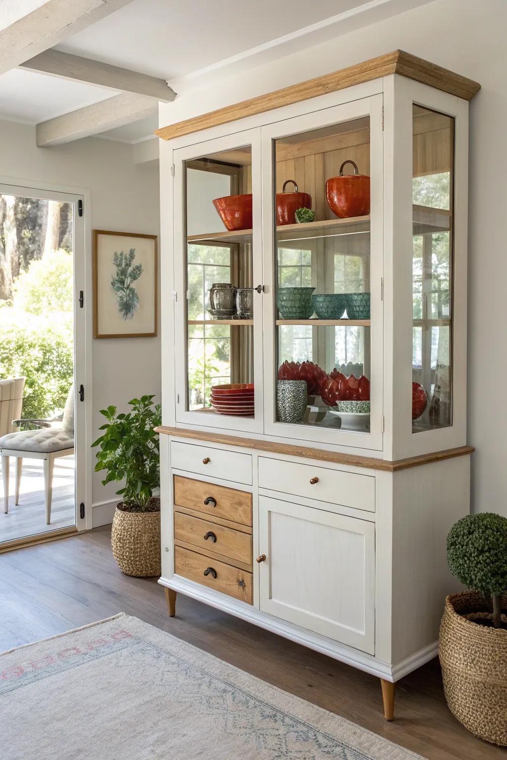 Brighten your dining space with a mirrored back china cabinet makeover. Embrace simplicity and bold colors for a touch of Scandinavian-Boho charm.