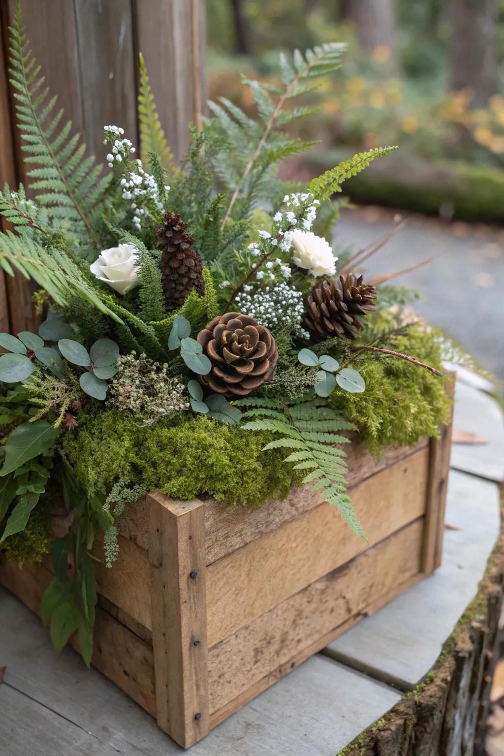 Organic and earthy woodland wonder with moss and ferns.