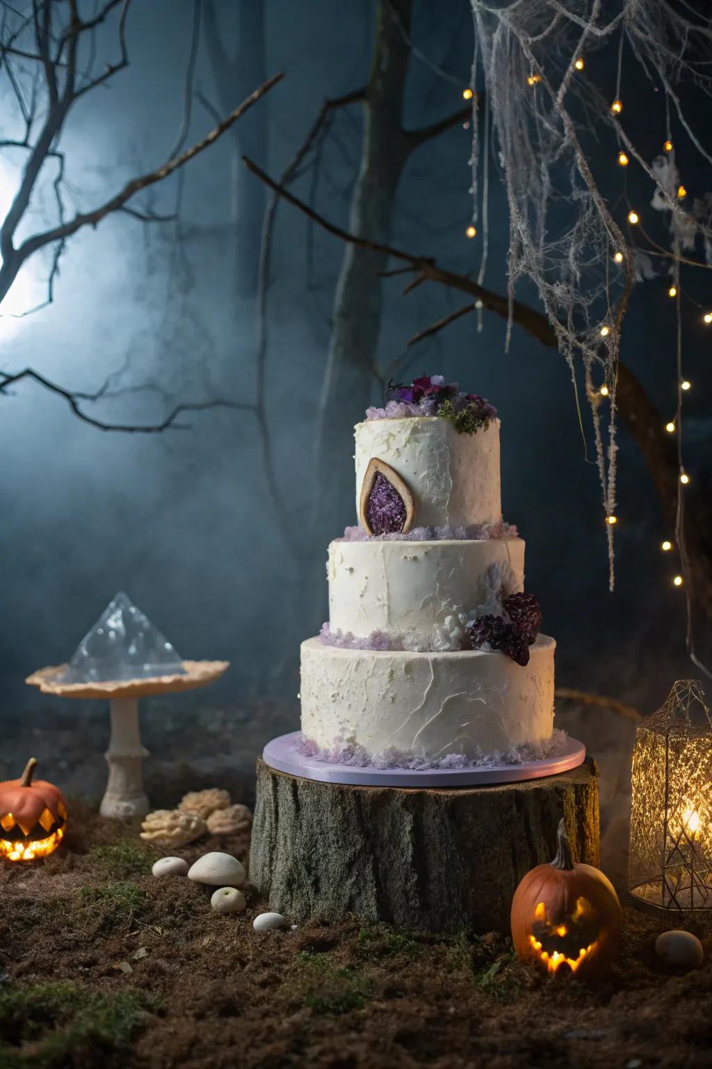 A geode cake with edible crystals is a striking and thematic centerpiece.