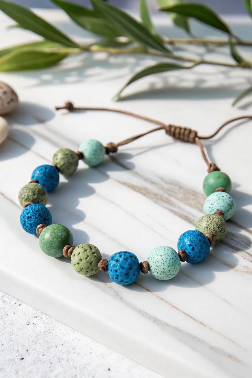 Embrace nature's beauty with a handcrafted blue and green clay bead bracelet.