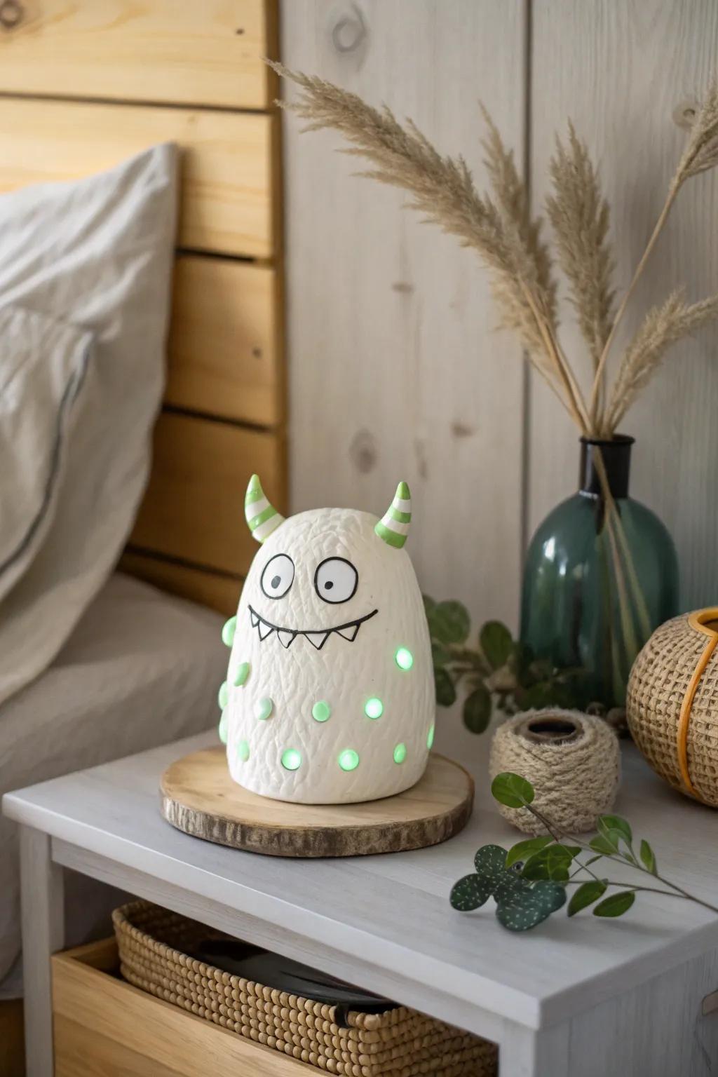 Add a whimsical glow to your nightstand with this charming clay monster!