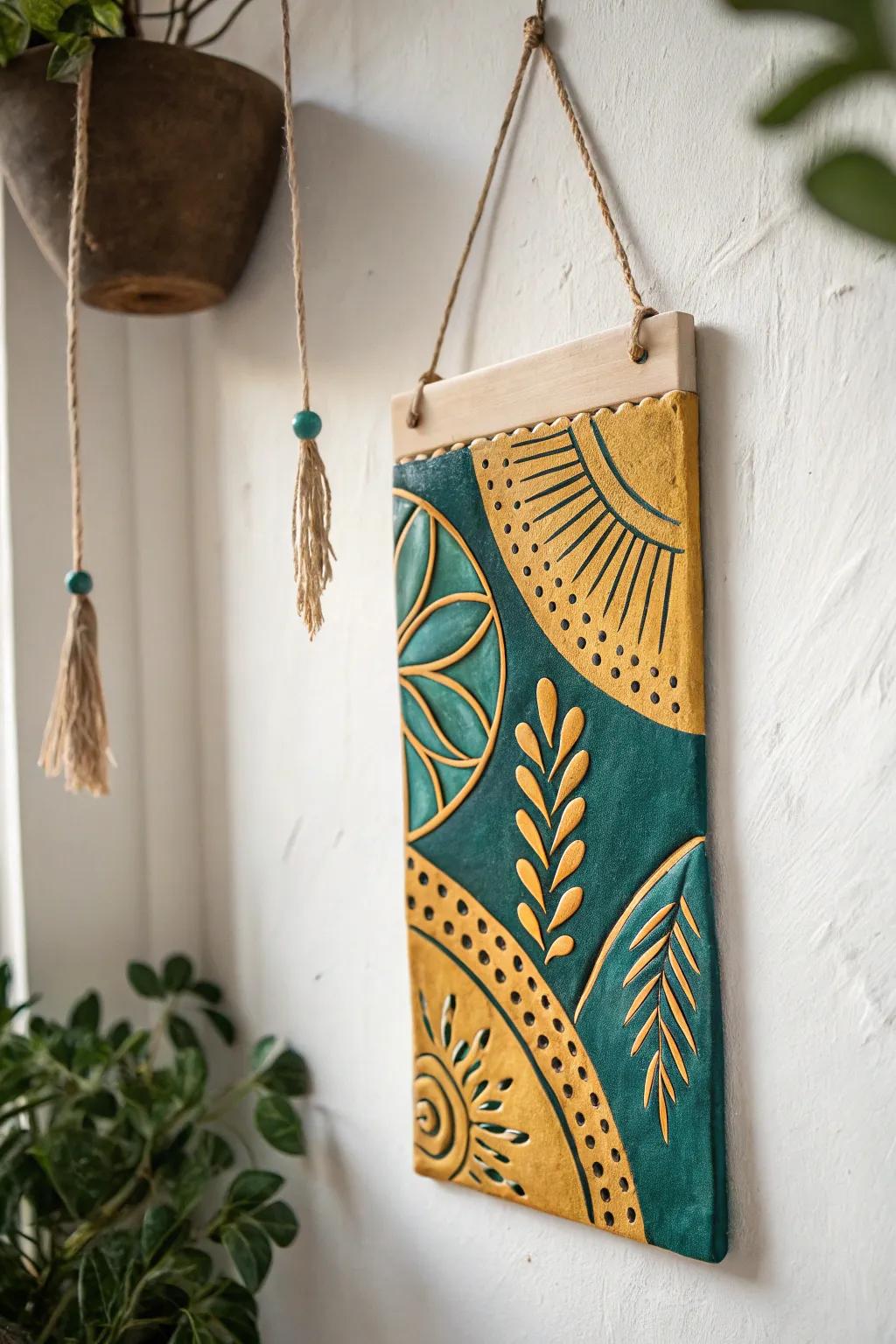 Embrace minimalist elegance with a bold clay slab wall hanging that brings artistry and color to your space.