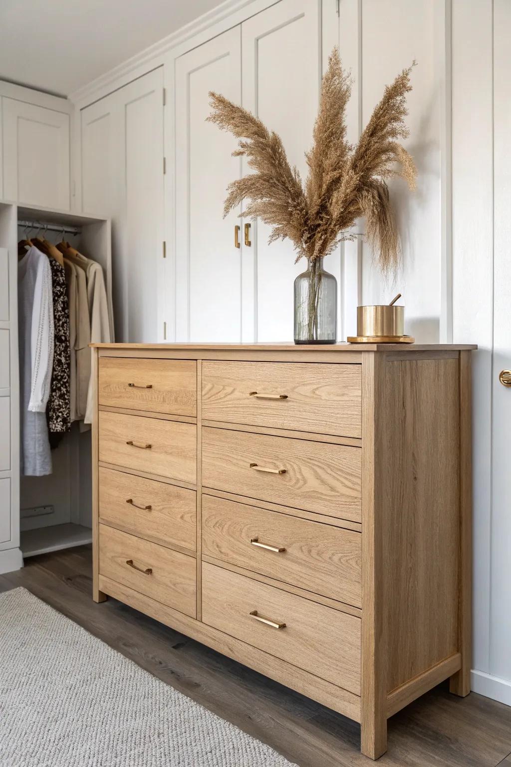Elevate your closet space with an integrated dresser that blends Scandinavian simplicity with Boho flair.