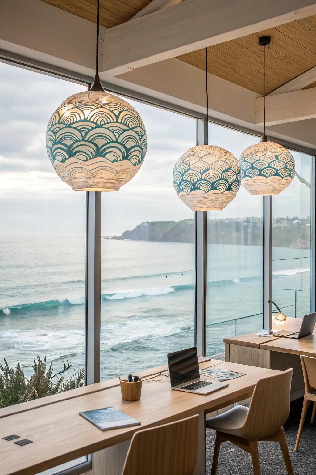 Ocean-inspired lighting adds an artistic touch to the office.