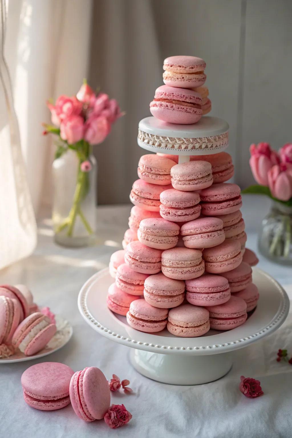 An elegant tower of pink macarons for a sweet touch.