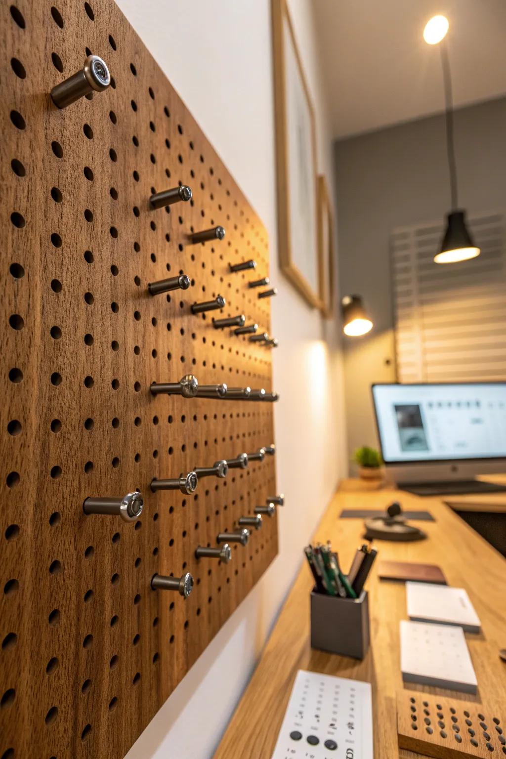 Transform your space with this versatile modular pegboard, where craftsmanship meets creativity.