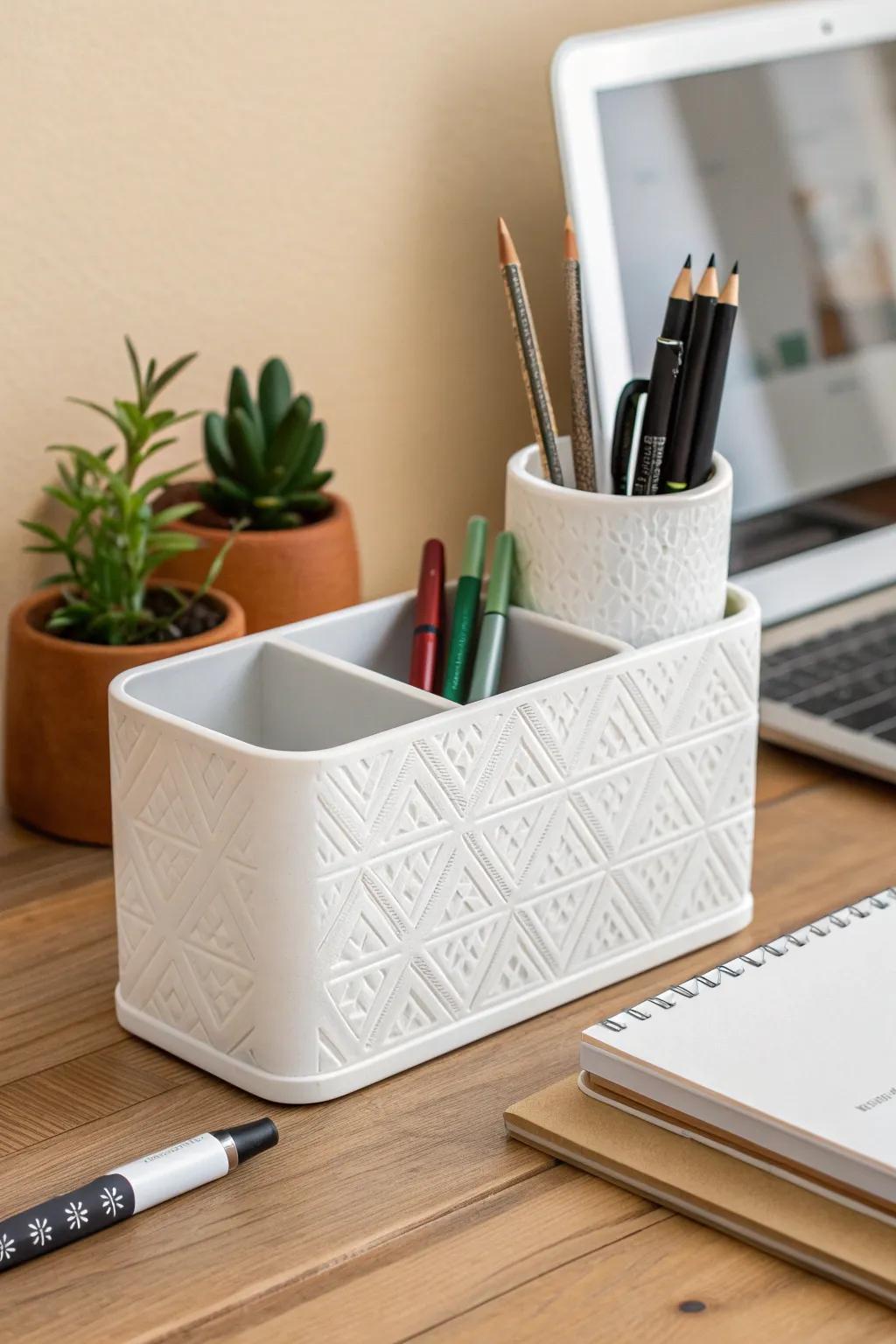 Elevate your workspace with a touch of Scandinavian minimalism and boho flair. This 3D-printed desk organizer combines style and functionality, perfect for the modern creative.