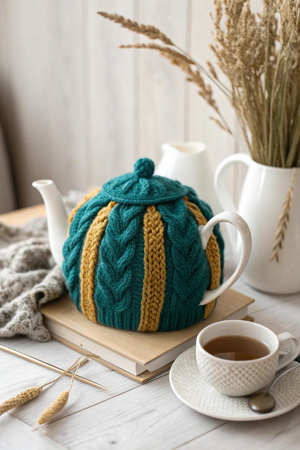 Add a splash of color and warmth to your tea time with this charming knit tea cozy.