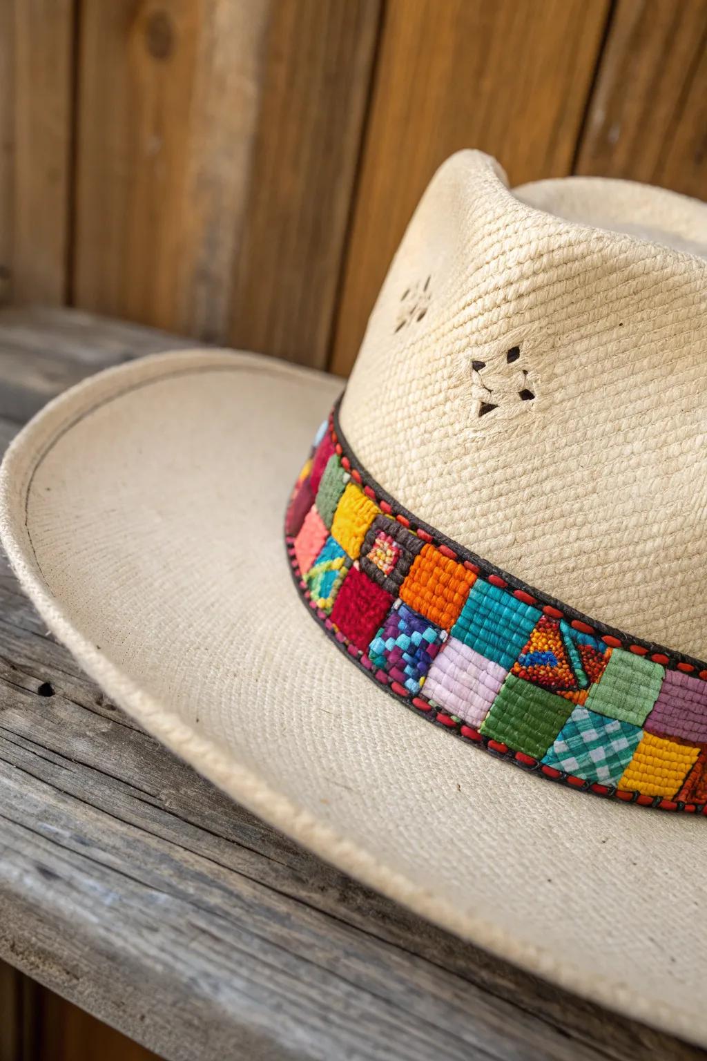 Add a splash of color to your cowboy hat with a unique patchwork band that celebrates craftsmanship and personal history.