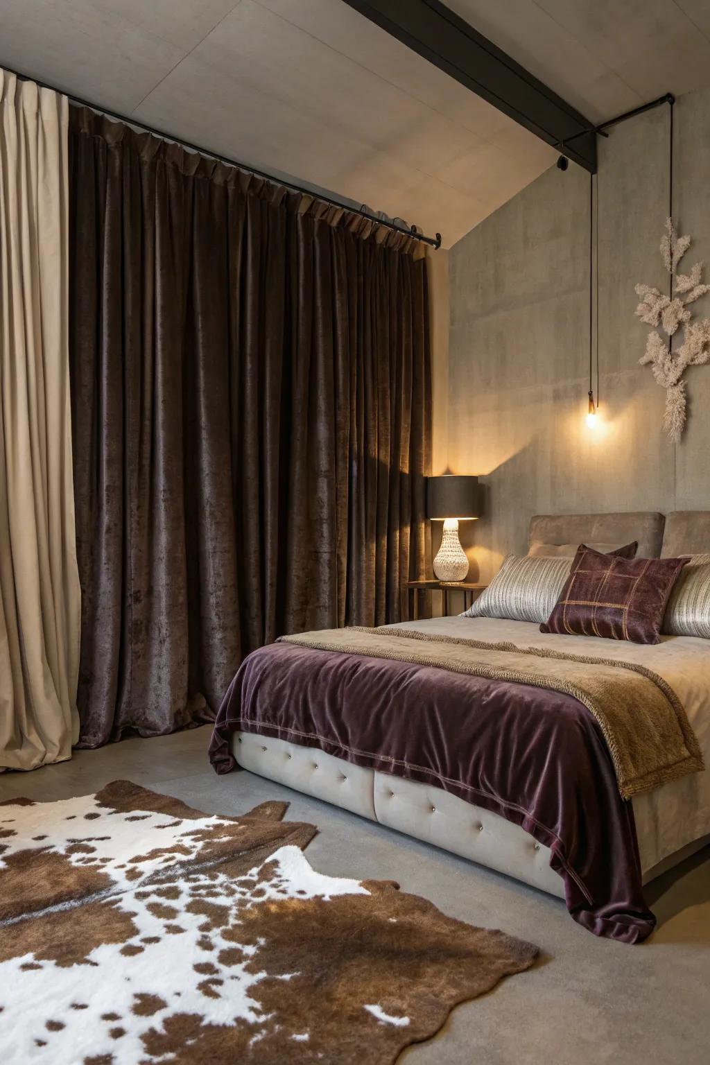 Bedroom with contrasting textures of velvet and cowhide.