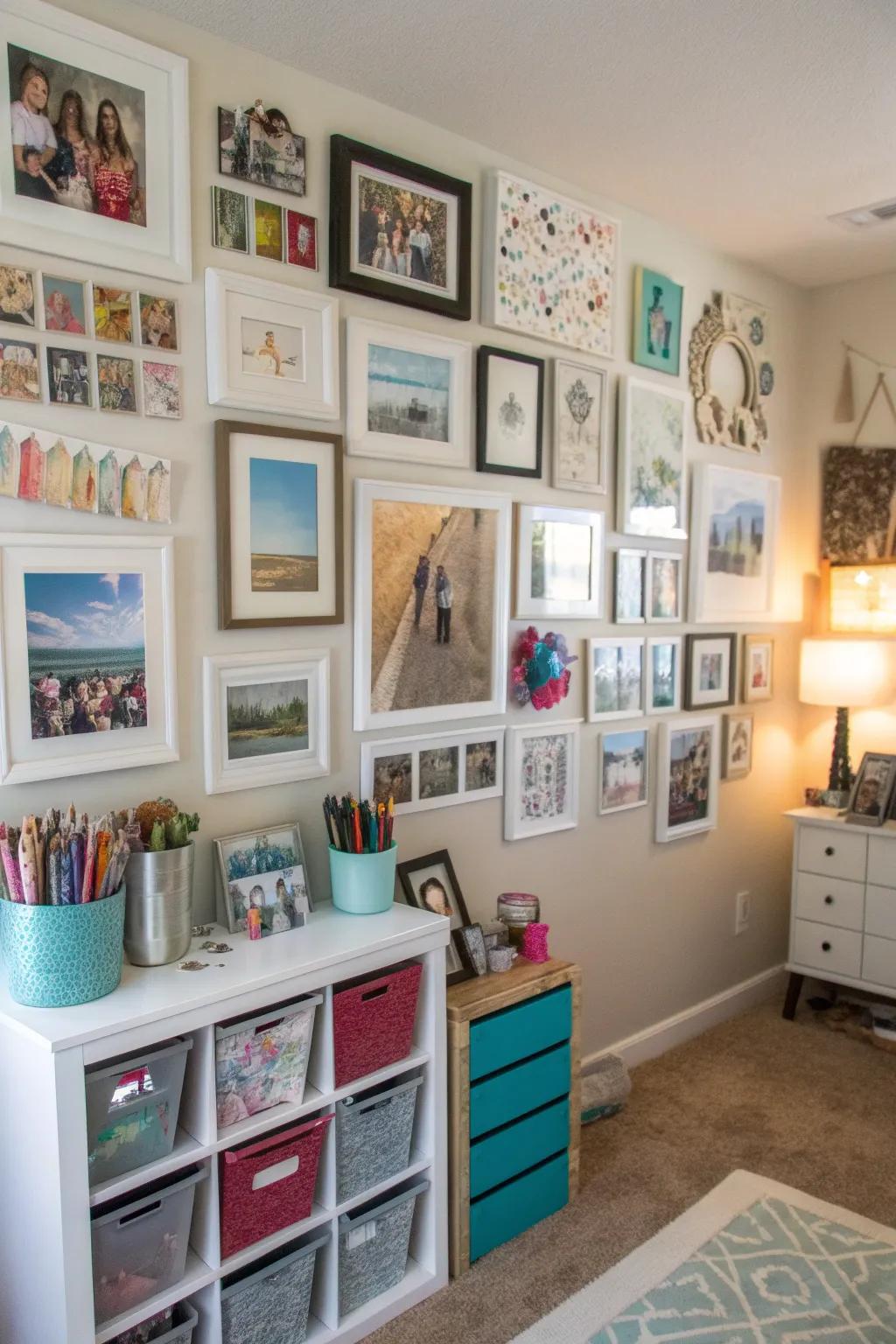 A photo collage brings personal inspiration to the room.