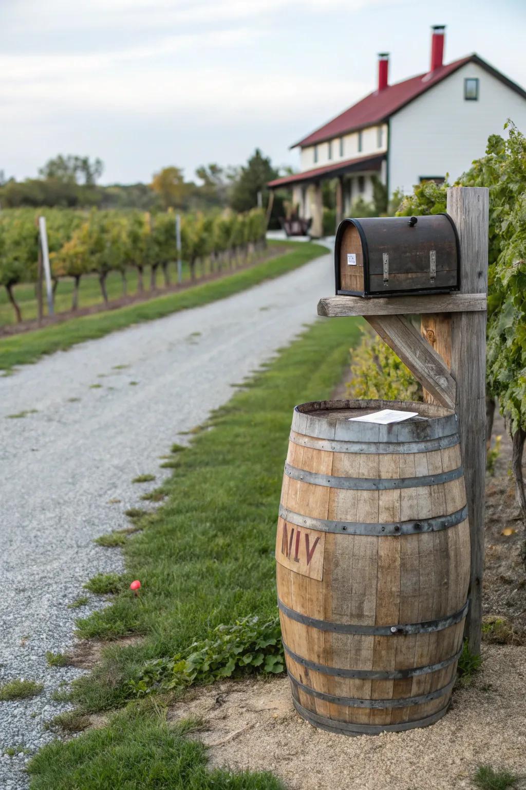 Elevate your curb appeal with a touch of rustic elegance—repurposed wine barrel mailbox amidst vineyard charm.