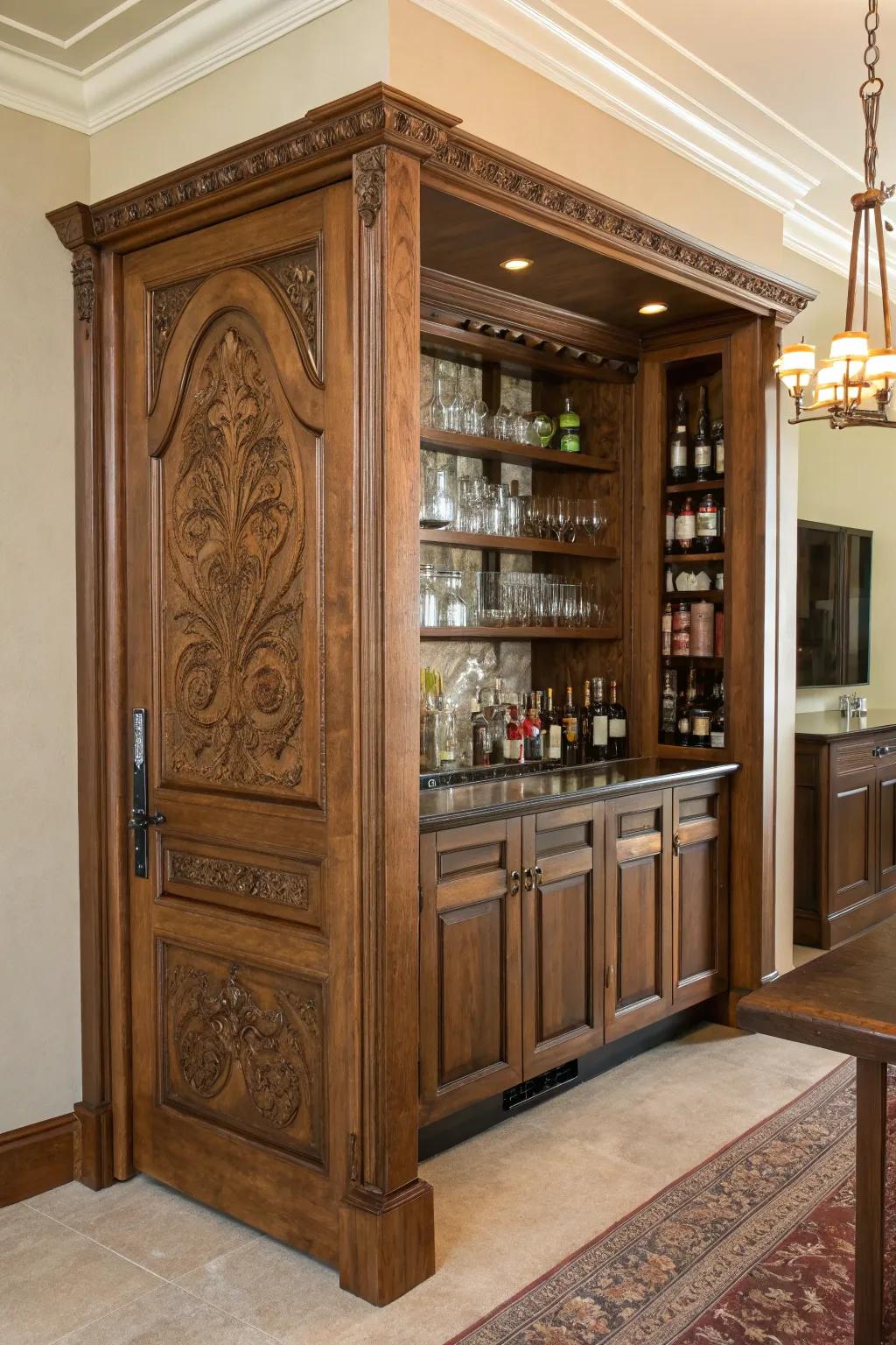 Transform an old door into a stunning home bar centerpiece that captivates and delights.