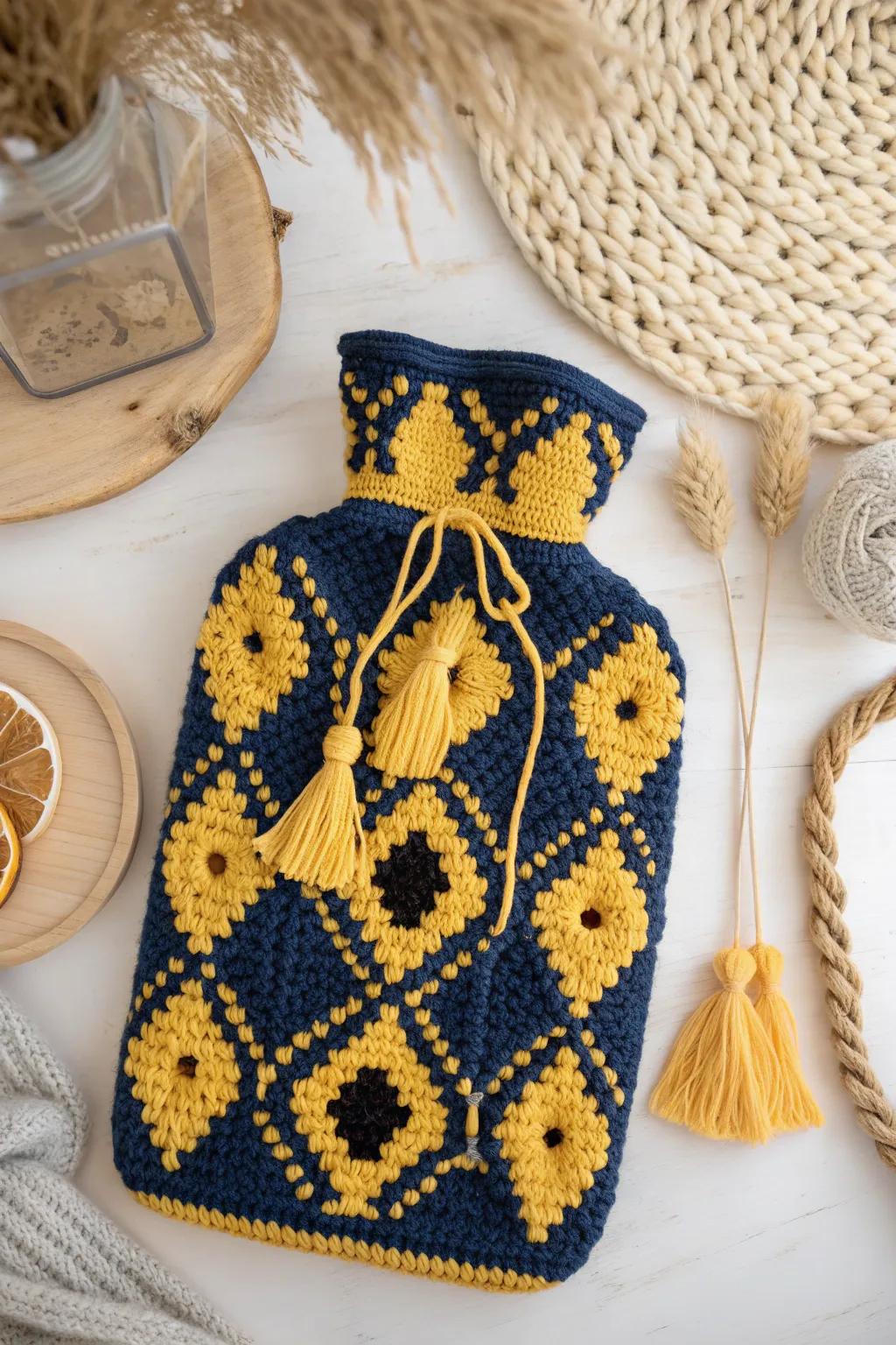 Cozy comfort meets Scandinavian elegance – a handcrafted crochet hot water bottle cover perfect for Dad.