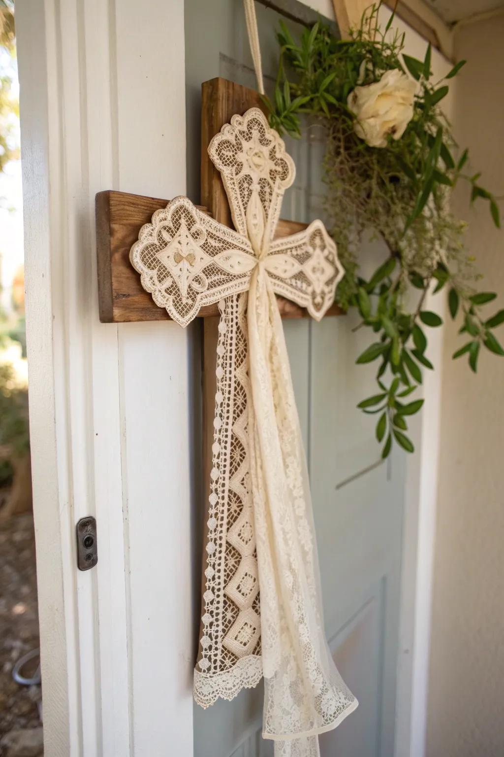 Embrace timeless elegance with a vintage lace cross door hanger, where simplicity meets exquisite craftsmanship.