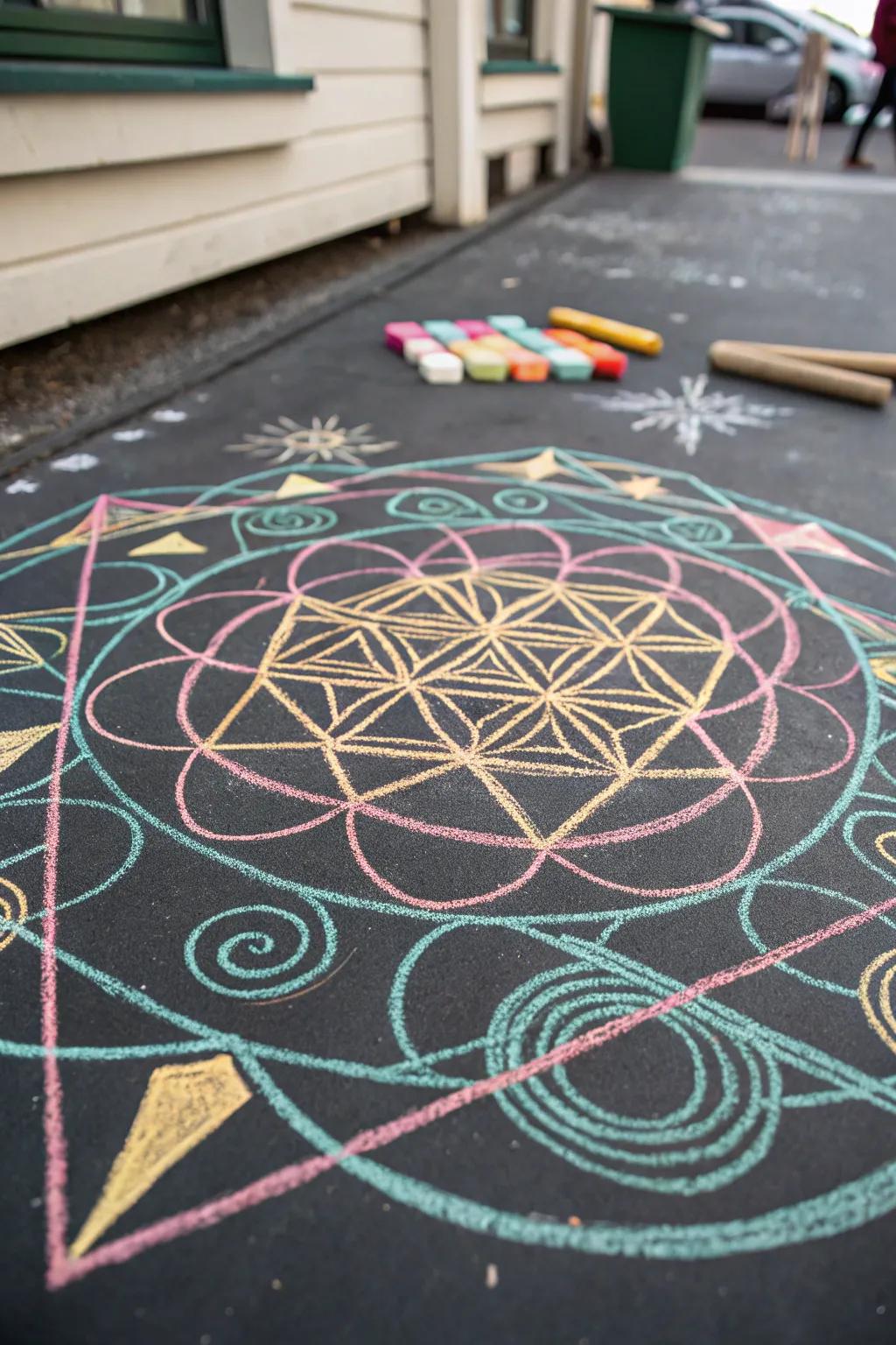 Explore the beauty of balance with bold geometric chalk art. Perfect for adding a modern twist to your creative space.