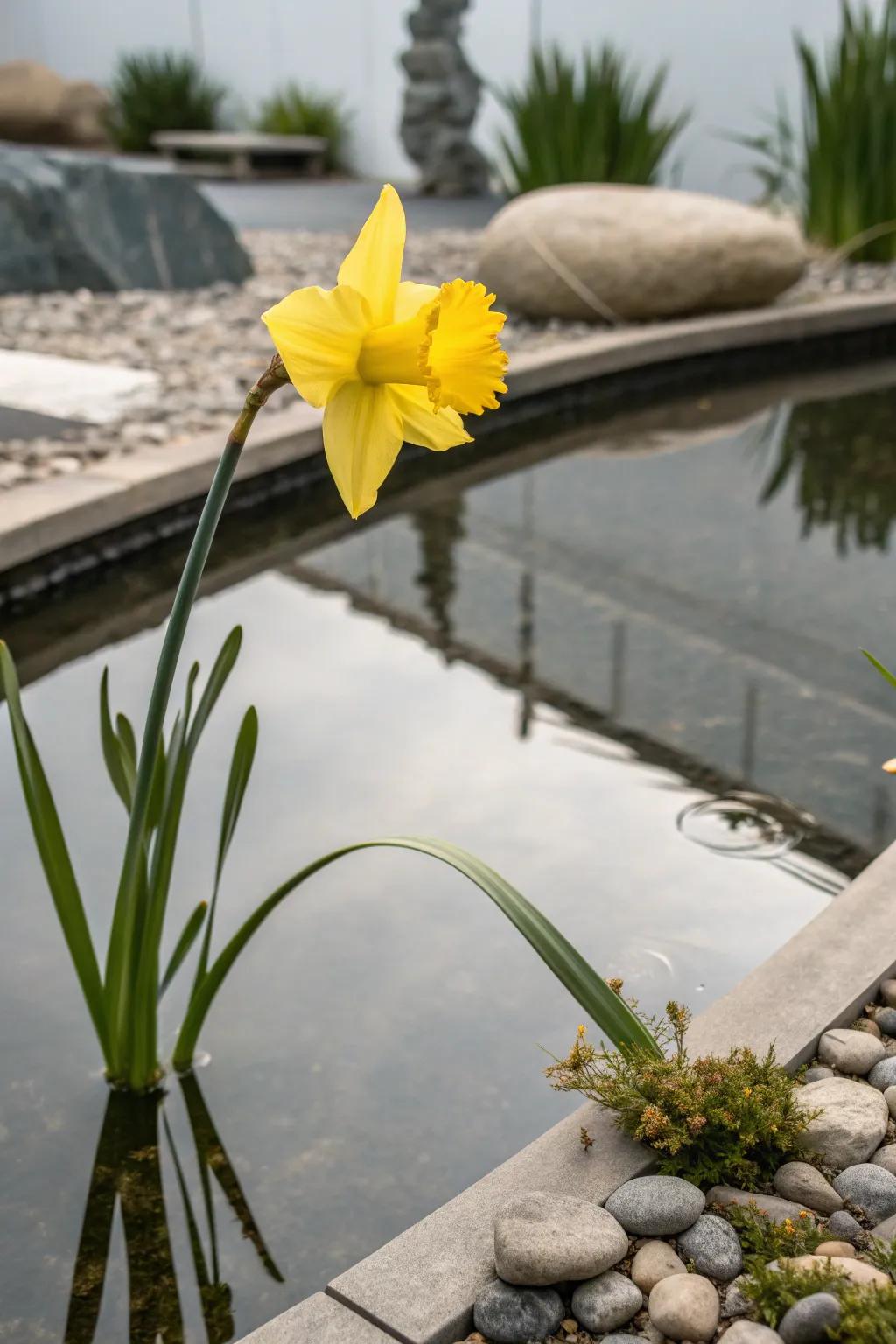 Reflecting Beauty: A single daffodil graces the water's edge, bringing a touch of elegance and tranquility to your garden oasis.